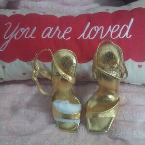 Jeffrey Campbell Dias Gold Embellished Leather Platform Crystal Sandals 7.5 NWOT